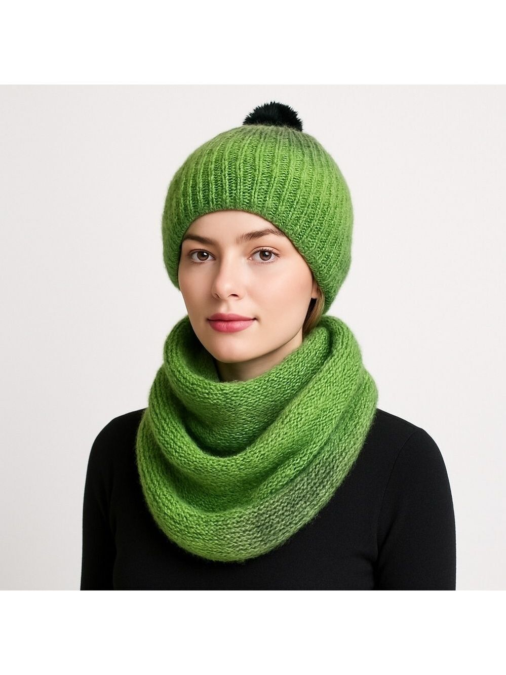 Handmade Green Ombre Knit Hat Scarf Set Wool Blend